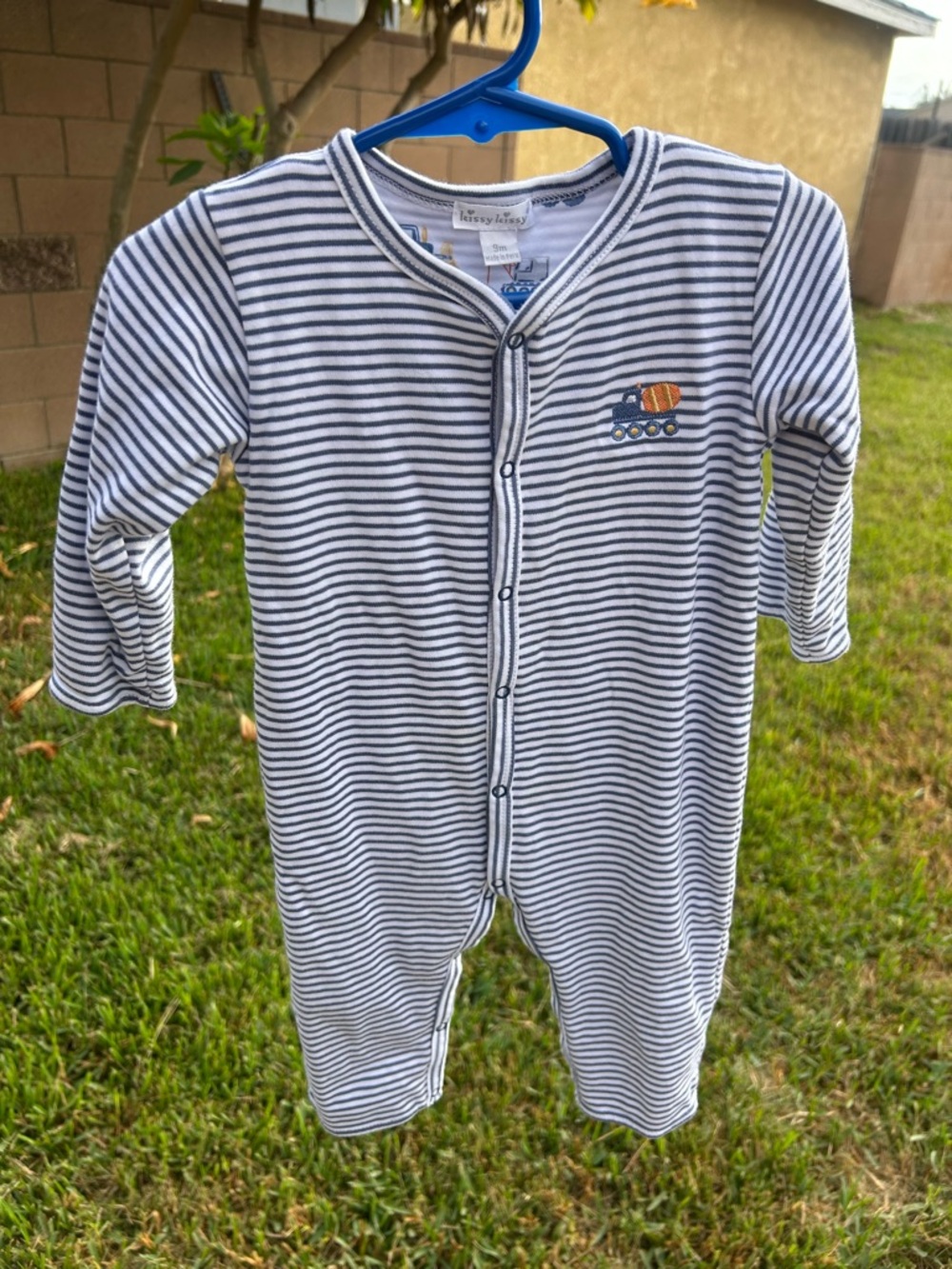 Kissy Kissy Navy & White Striped Footie with Embroidered Truck reversible